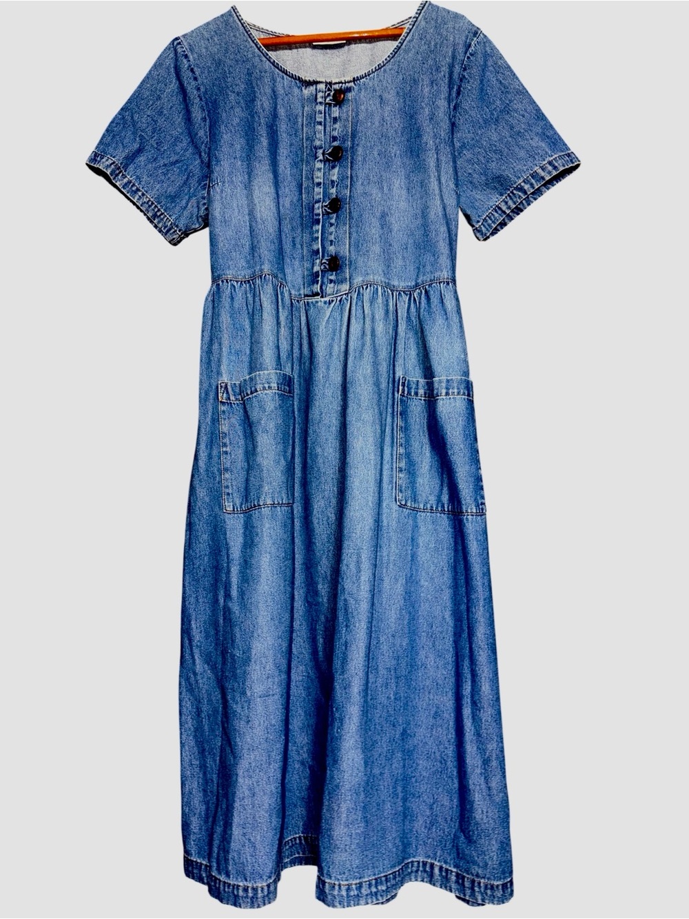 Vintage Denim Cotton Midi Dress Pockets teacher SAHM home schooling cottage Y2K